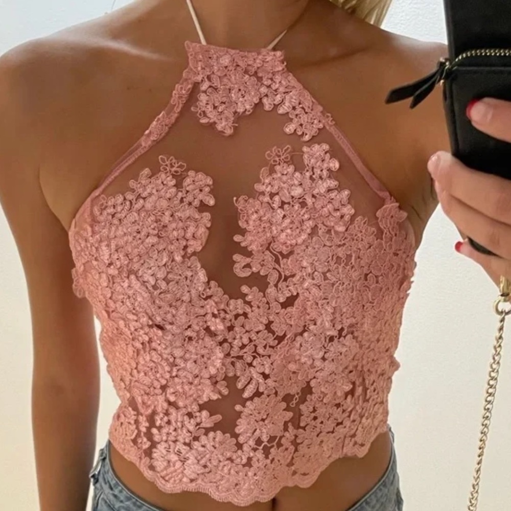 Beautiful Floral Pink Halter Top with zipper in the back